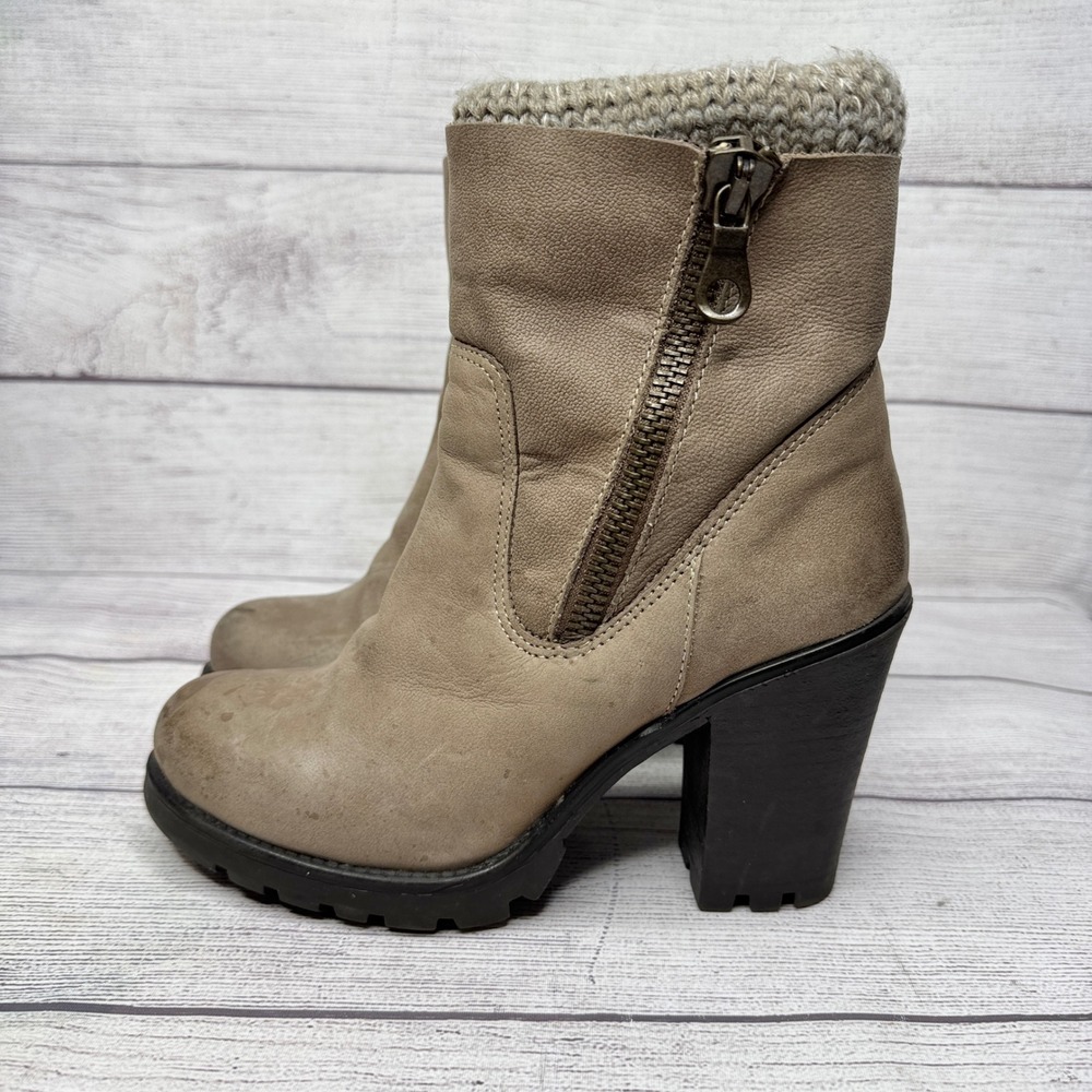 Steve Madden Sweaterr Taupe Leather Knit Collar‎ Block Heel Ankle Boots 7.5 - Picture 3 of 10